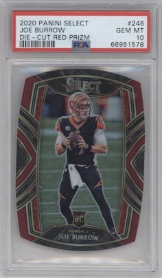 Joe Burrow from the 2020 Panini Select set featuring a Die-Cut Red parallel graded by PSA and given an overall grade of 10.