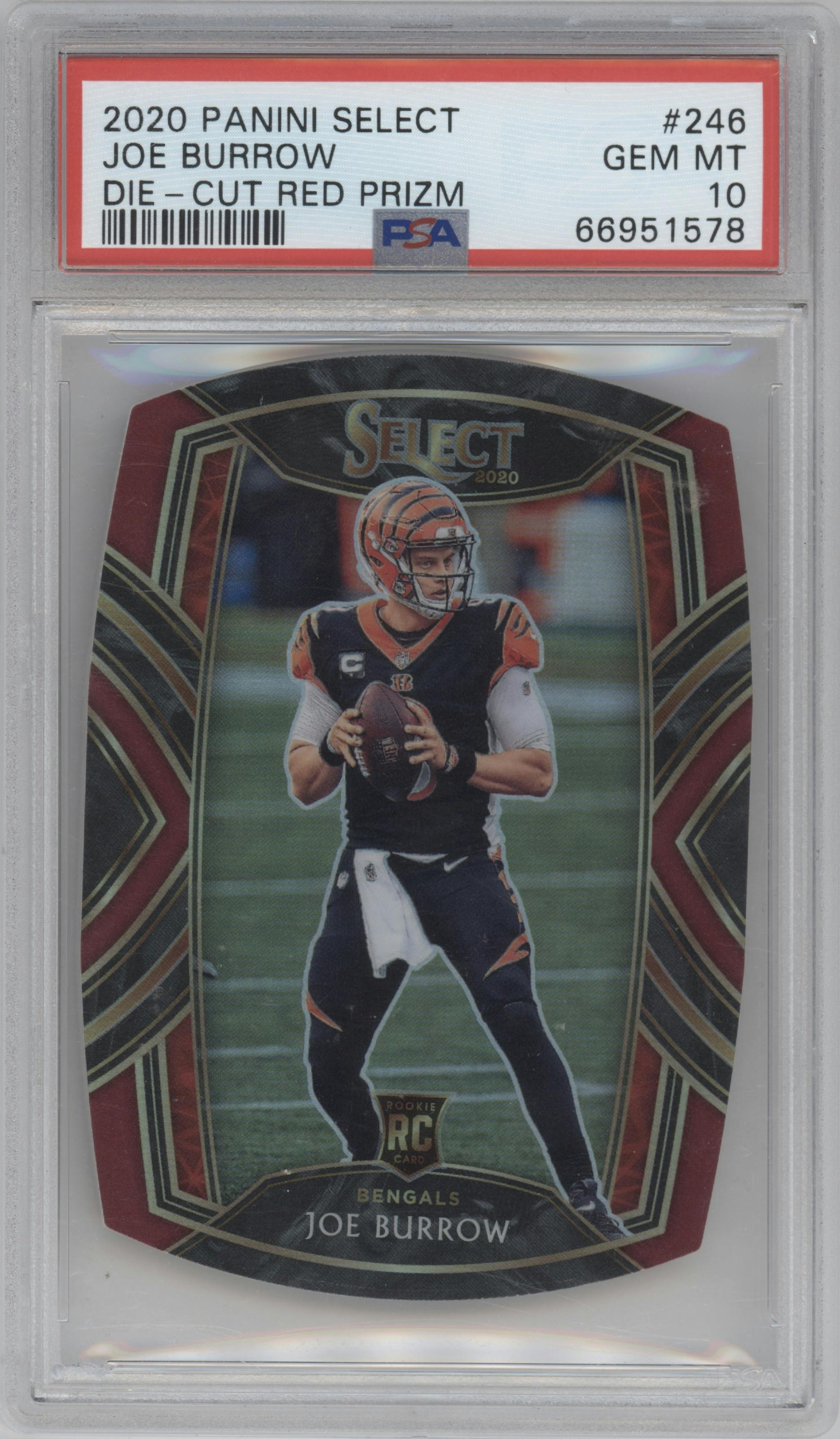 Joe Burrow from the 2020 Panini Select set featuring a Die-Cut Red parallel graded by PSA and given an overall grade of 10.