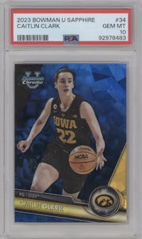 Caitlin Clark from the 2023-24 Bowman U Chrome Sapphire set graded by PSA and given an overall grade of 10.