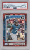 Brian Thomas Jr. from the 2024 Donruss set featuring a Red Pandora parallel graded by PSA and given an overall grade of 10.