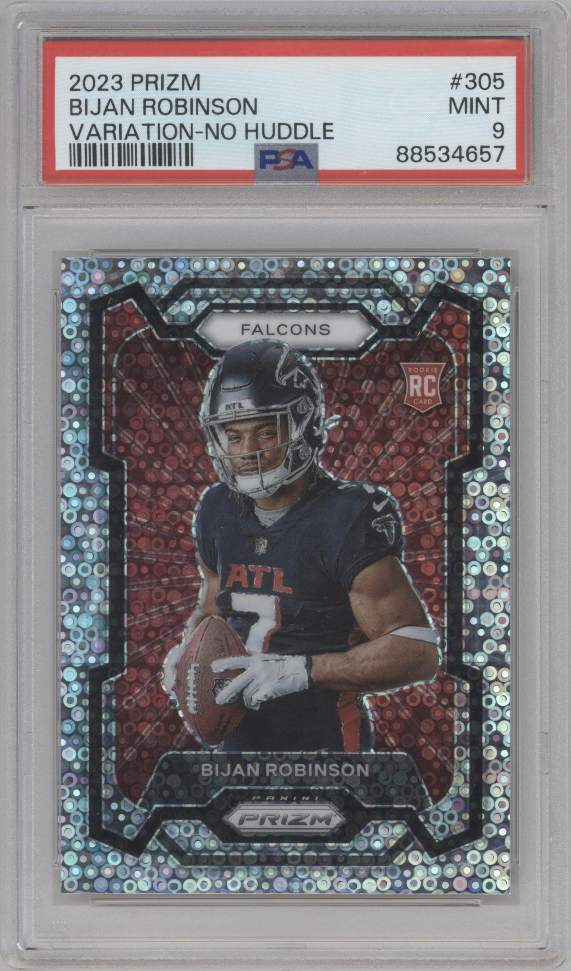 Bijan Robinson from the 2023 Panini Prizm set featuring a No Huddle parallel graded by PSA and given an overall grade of 9.