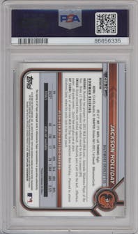 Jackson Holliday from the 2022 Bowman Draft set featuring a Refractor parallel graded by PSA and given an overall grade of 9.