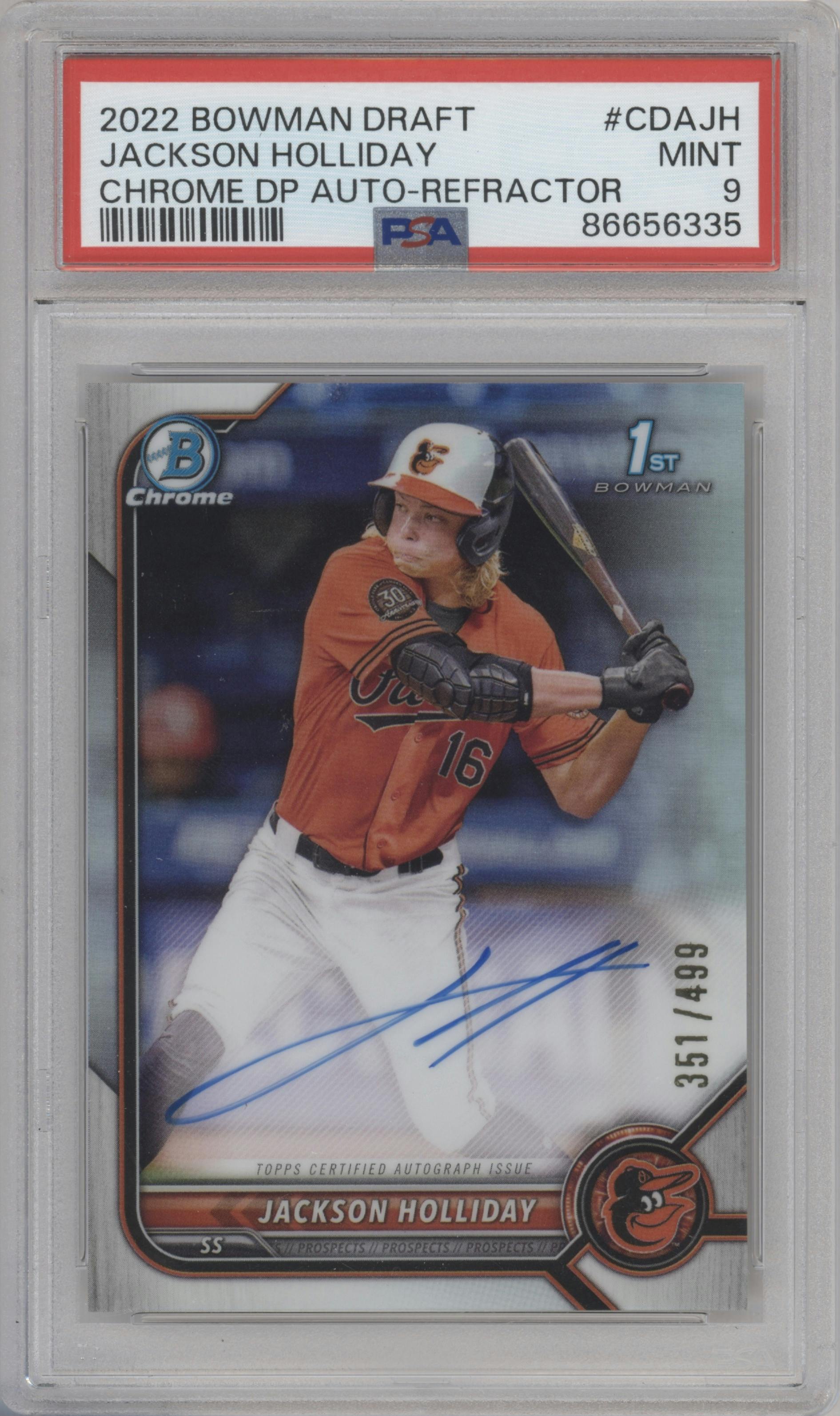 Jackson Holliday from the 2022 Bowman Draft set featuring a Refractor parallel graded by PSA and given an overall grade of 9.