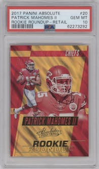 Patrick Mahomes II from the 2017 Panini Absolute set featuring a Retail parallel graded by PSA and given an overall grade of 10.