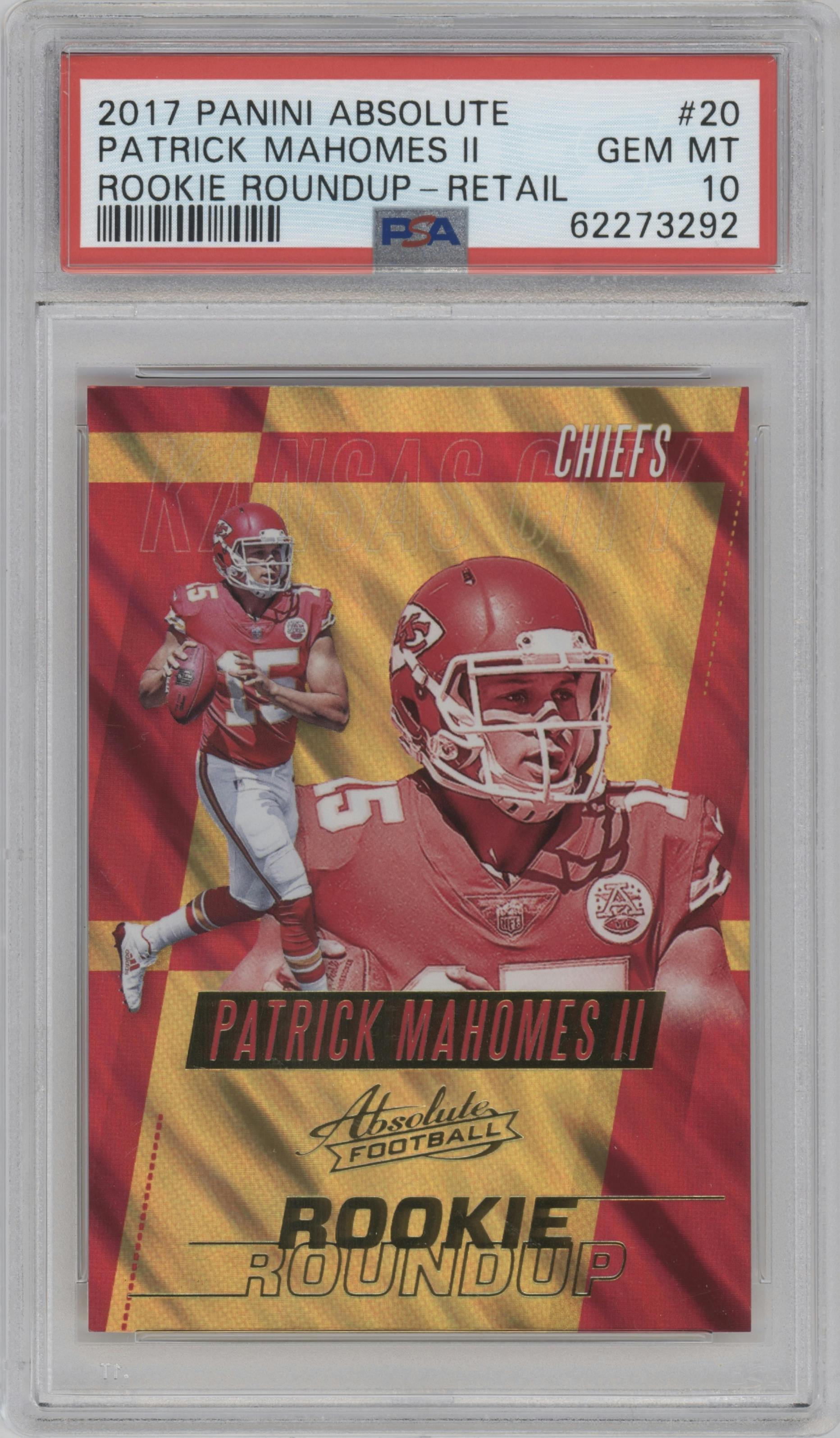 Patrick Mahomes II from the 2017 Panini Absolute set featuring a Retail parallel graded by PSA and given an overall grade of 10.