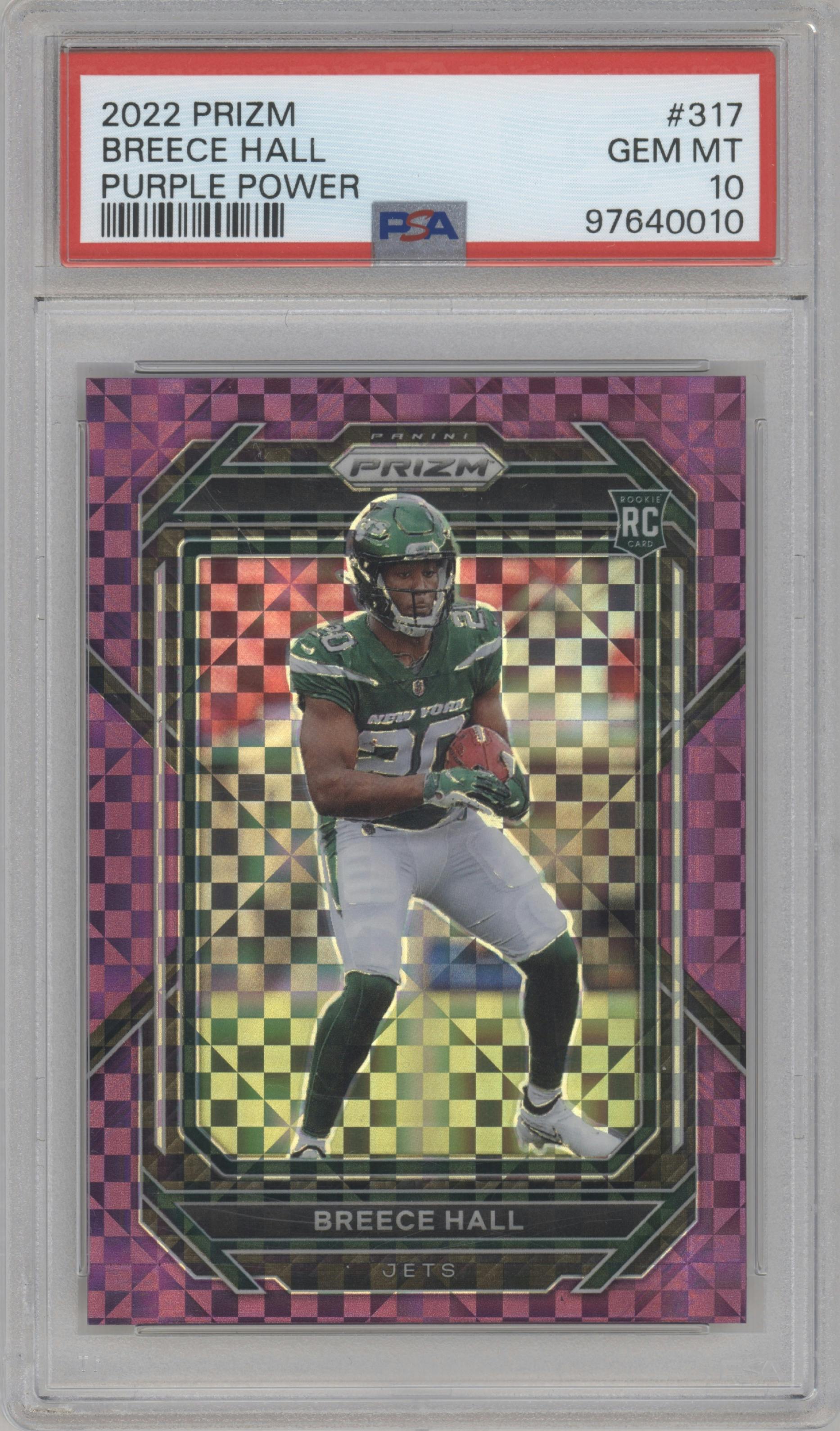 Breece Hall from the 2022 Panini Prizm set featuring a Purple Power parallel graded by PSA and given an overall grade of 10.