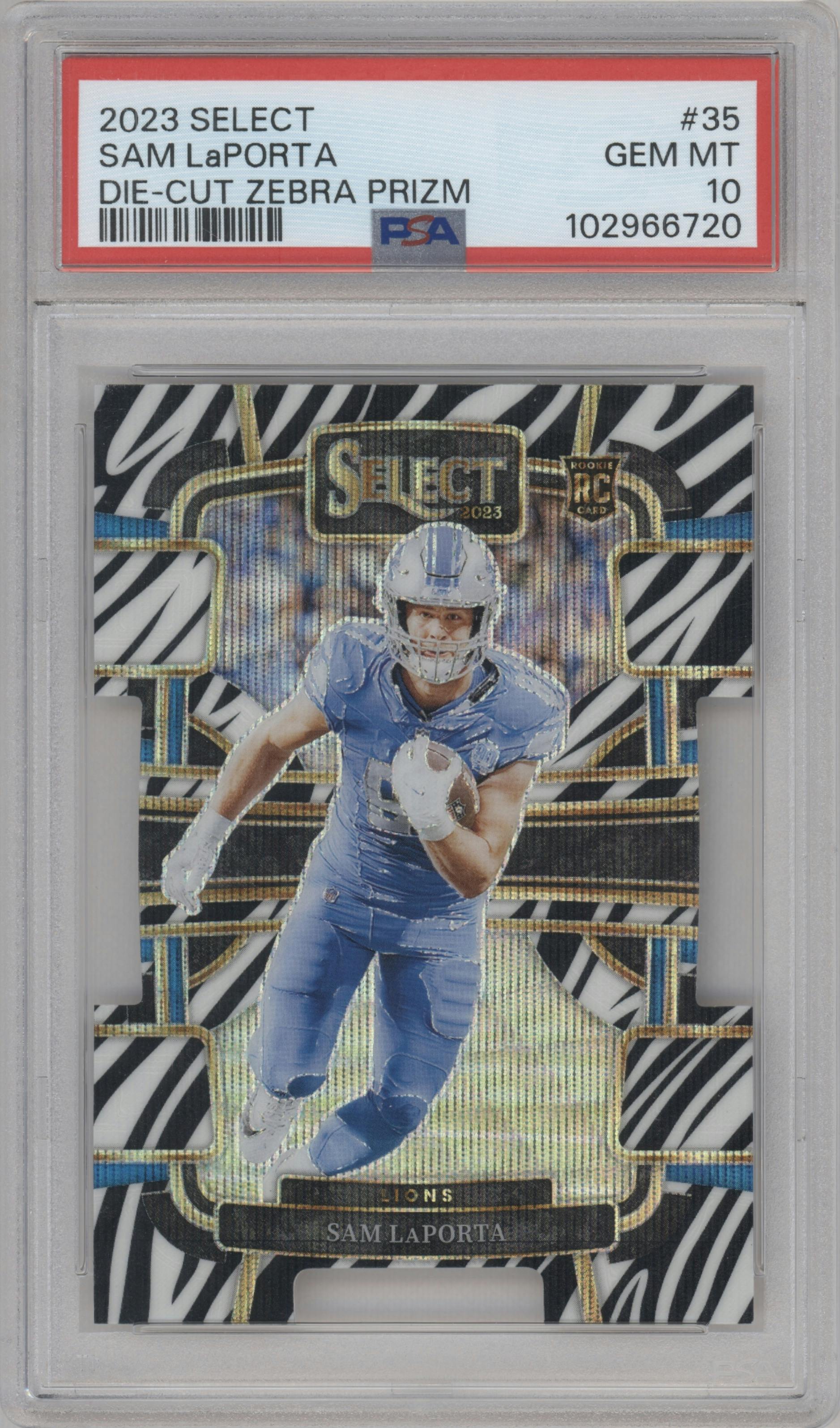 Sam LaPorta from the 2023 Panini Select set featuring a Die-Cut Zebra Prizm parallel graded by PSA and given an overall grade of 10.