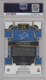 Sam LaPorta from the 2023 Panini Select set featuring a Die-Cut Zebra Prizm parallel graded by PSA and given an overall grade of 10.