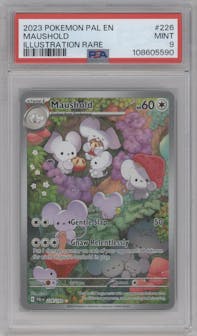 Maushold from the 2023 Pokemon SV set graded by PSA and given an overall grade of 9.