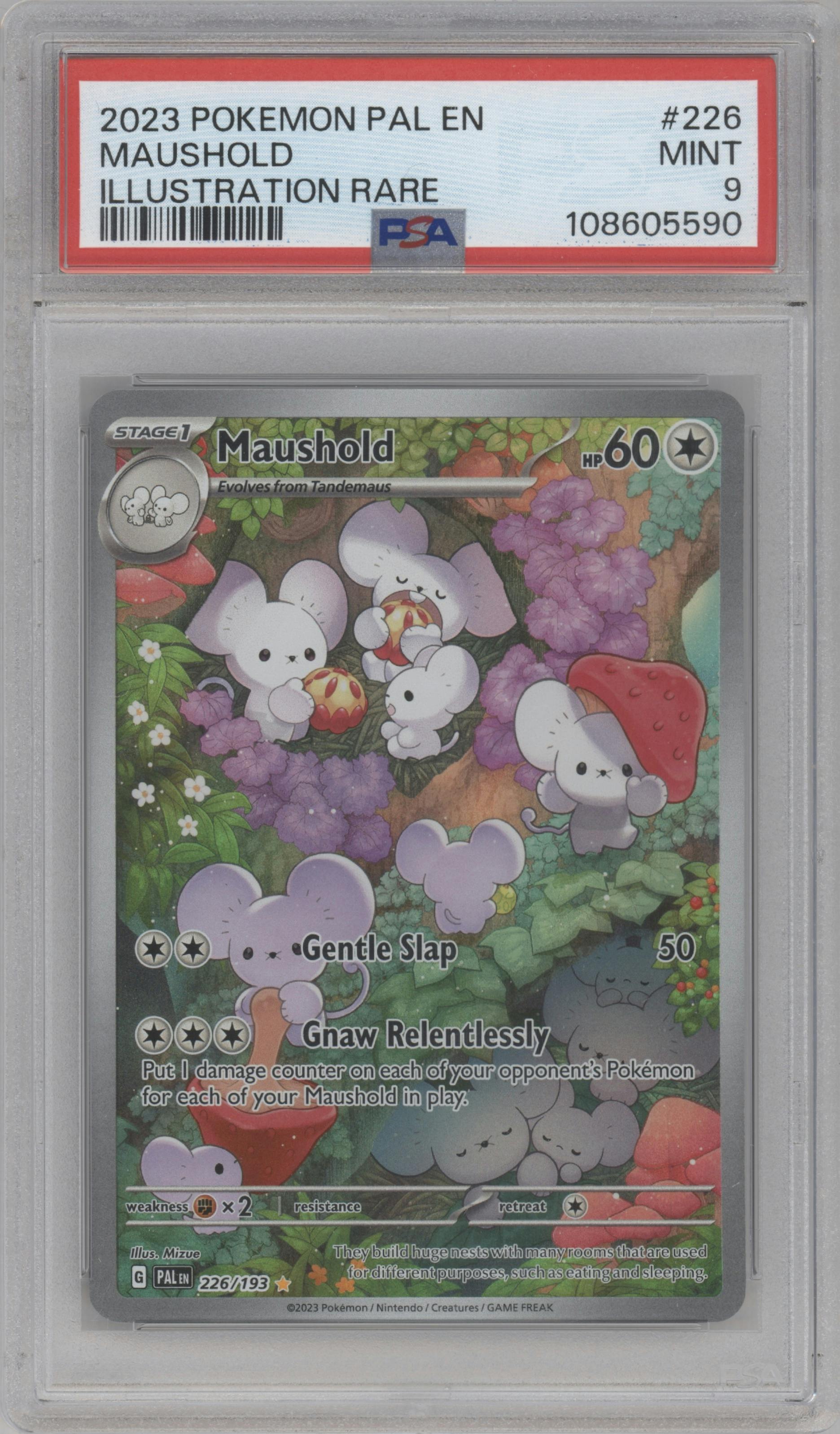 Maushold from the 2023 Pokemon SV set graded by PSA and given an overall grade of 9.