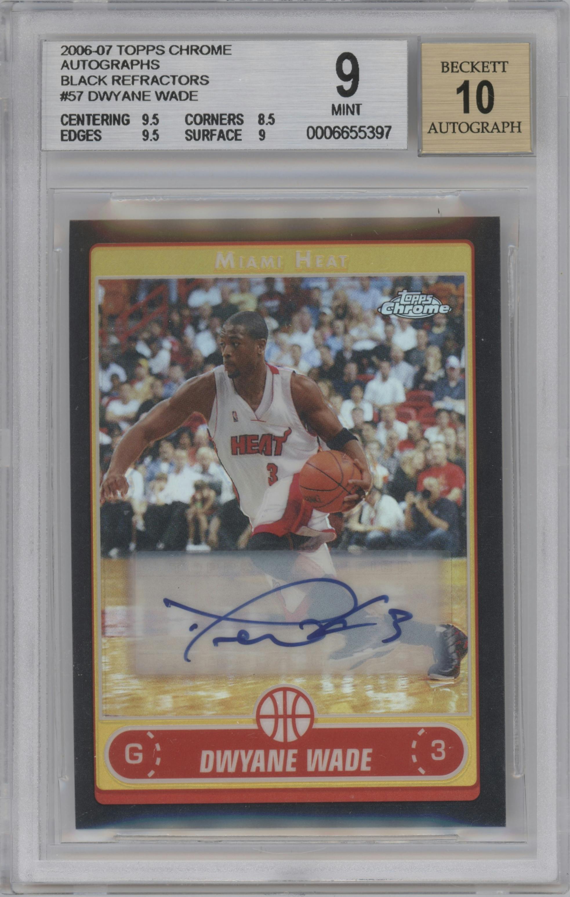 Dwyane Wade from the 2006-07 Topps Chrome set featuring a Black Refractor parallel graded by Beckett and given an overall grade of 9.