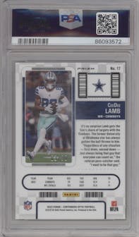 CeeDee Lamb from the 2022 Panini Contenders Optic set featuring a Green Pulsar parallel graded by PSA and given an overall grade of 9.