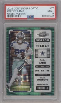 CeeDee Lamb from the 2022 Panini Contenders Optic set featuring a Green Pulsar parallel graded by PSA and given an overall grade of 9.