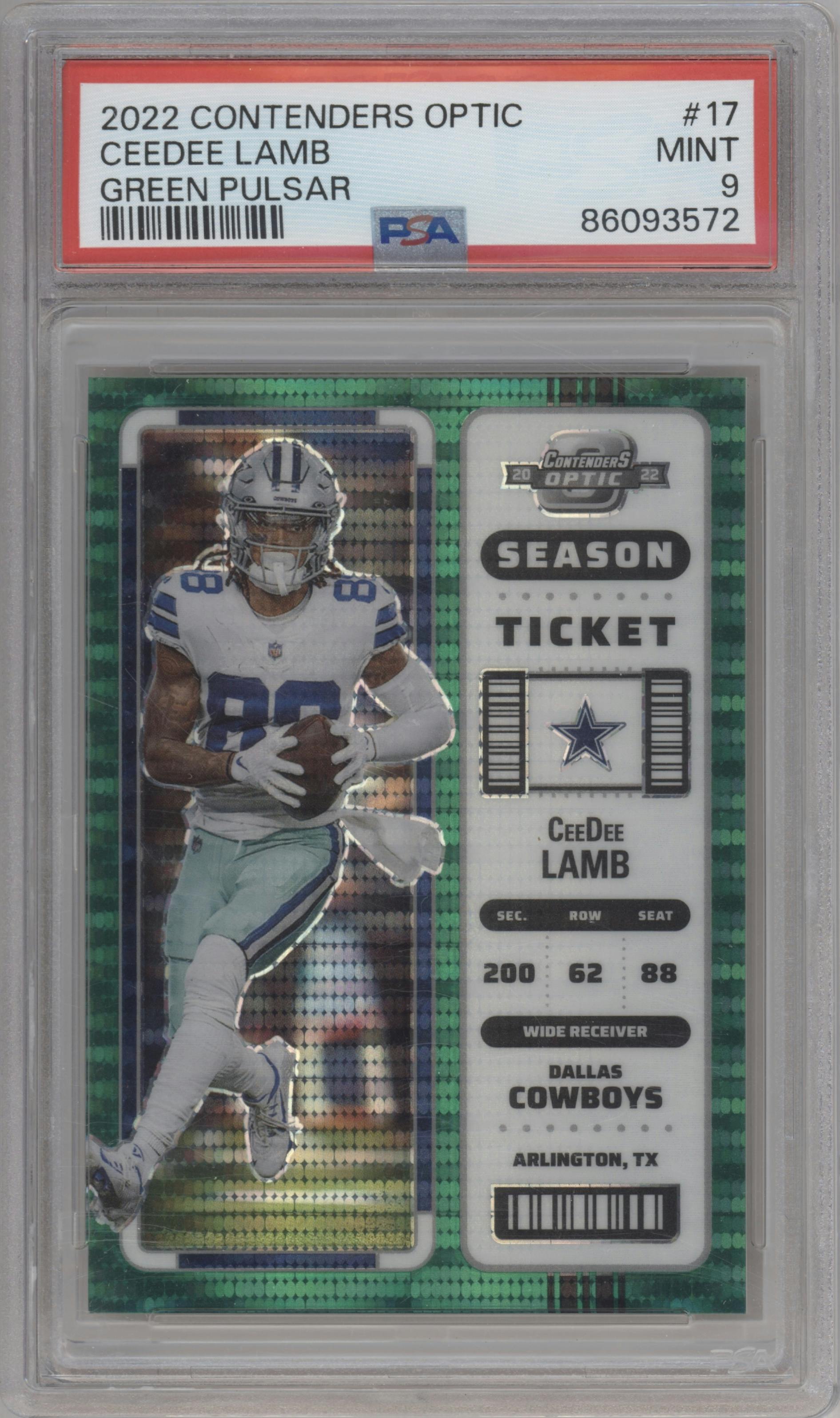 CeeDee Lamb from the 2022 Panini Contenders Optic set featuring a Green Pulsar parallel graded by PSA and given an overall grade of 9.