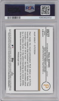 Paul Skenes from the 2024 Topps Chrome Update set featuring a X-Fractor parallel graded by PSA and given an overall grade of 9.