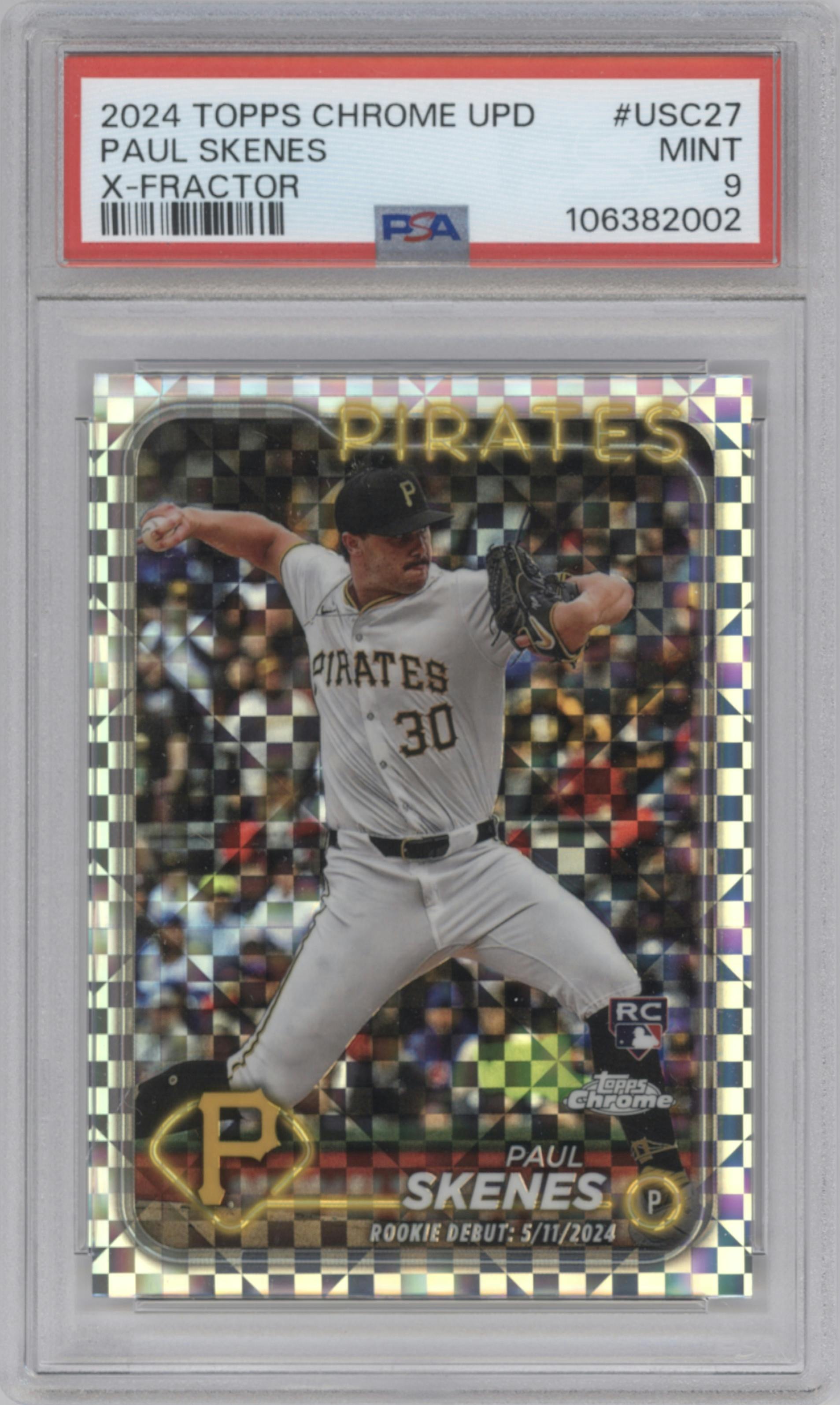Paul Skenes from the 2024 Topps Chrome Update set featuring a X-Fractor parallel graded by PSA and given an overall grade of 9.