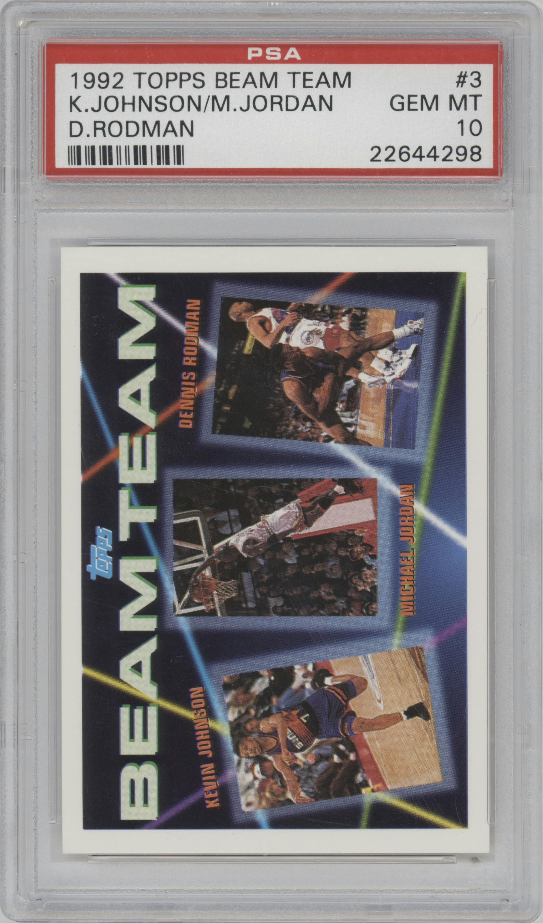 Kevin Johnson/Michael Jordan/Dennis Rodman from the 1992-93 Topps set graded by PSA and given an overall grade of 10.