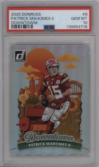 Patrick Mahomes II from the 2025 Panini Donruss set graded by PSA and given an overall grade of 10.