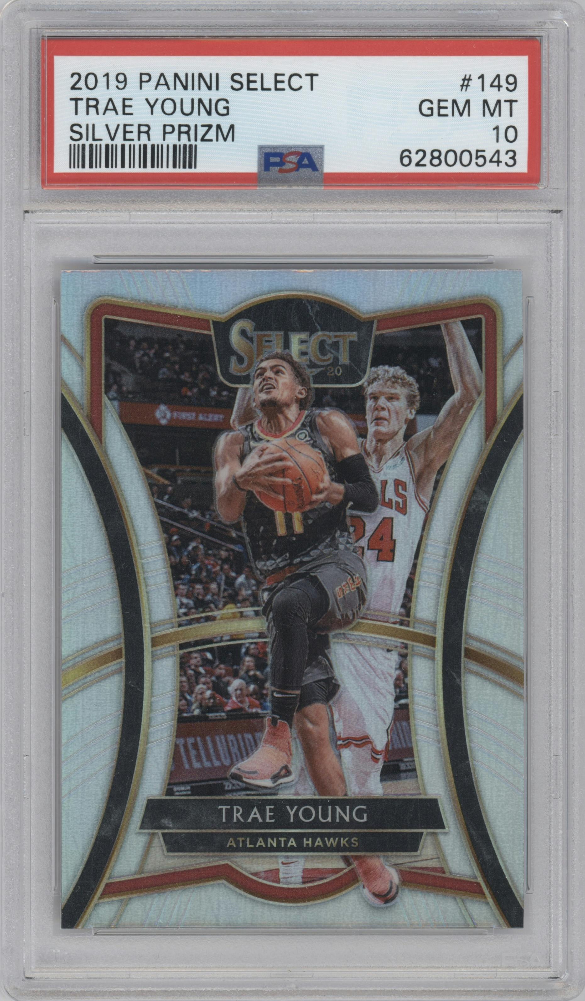 Trae Young from the 2019-20 Panini Select set featuring a Silver Prizm parallel graded by PSA and given an overall grade of 10.