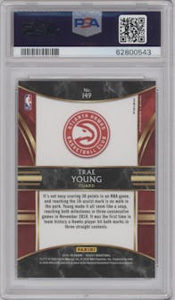Trae Young from the 2019-20 Panini Select set featuring a Silver Prizm parallel graded by PSA and given an overall grade of 10.