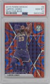 LeBron James from the 2019-20 Panini Mosaic  set featuring a Reactive Blue parallel graded by PSA and given an overall grade of 10.