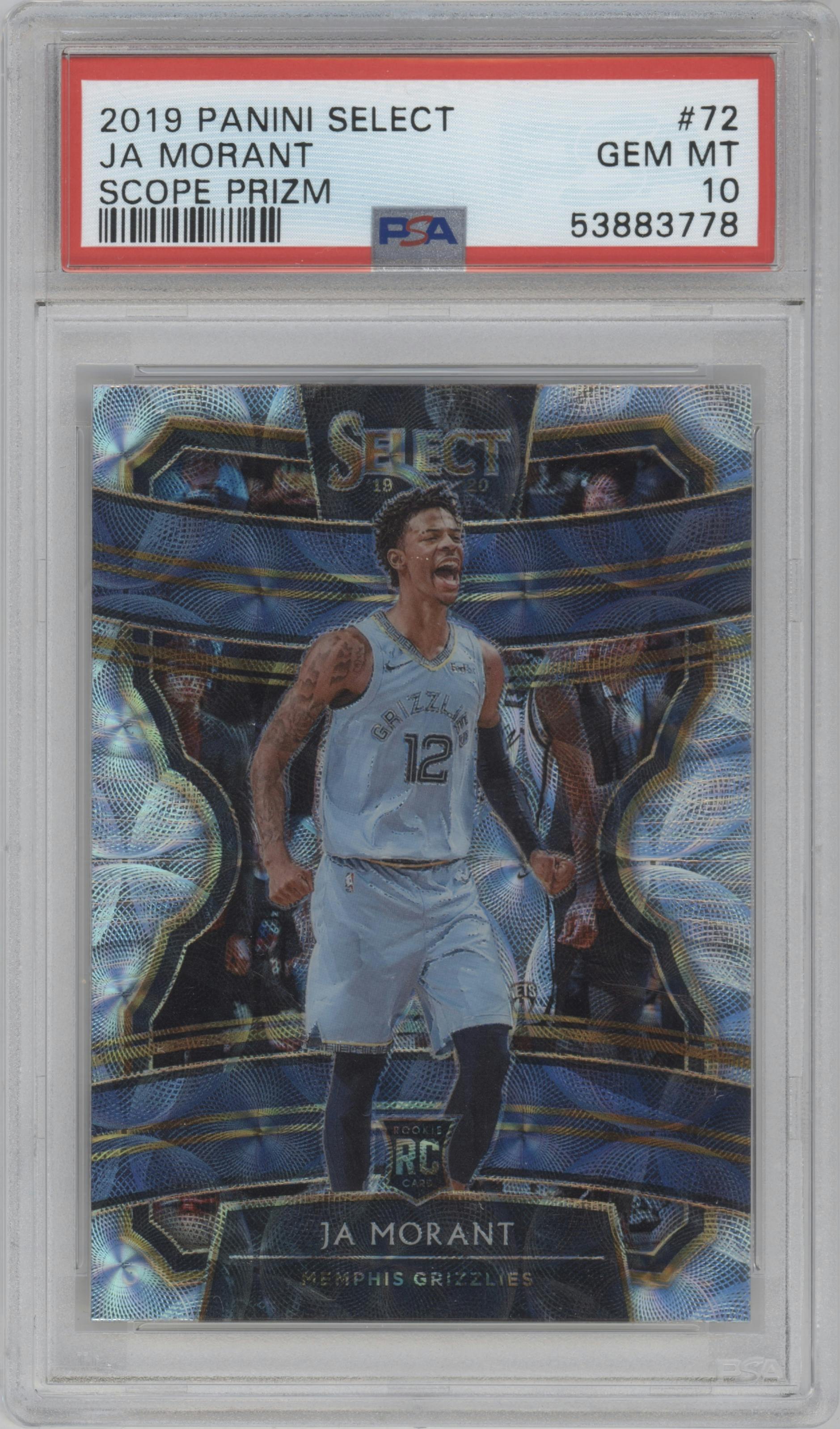 Ja Morant from the 2019-20 Panini Select set featuring a Scope parallel graded by PSA and given an overall grade of 10.