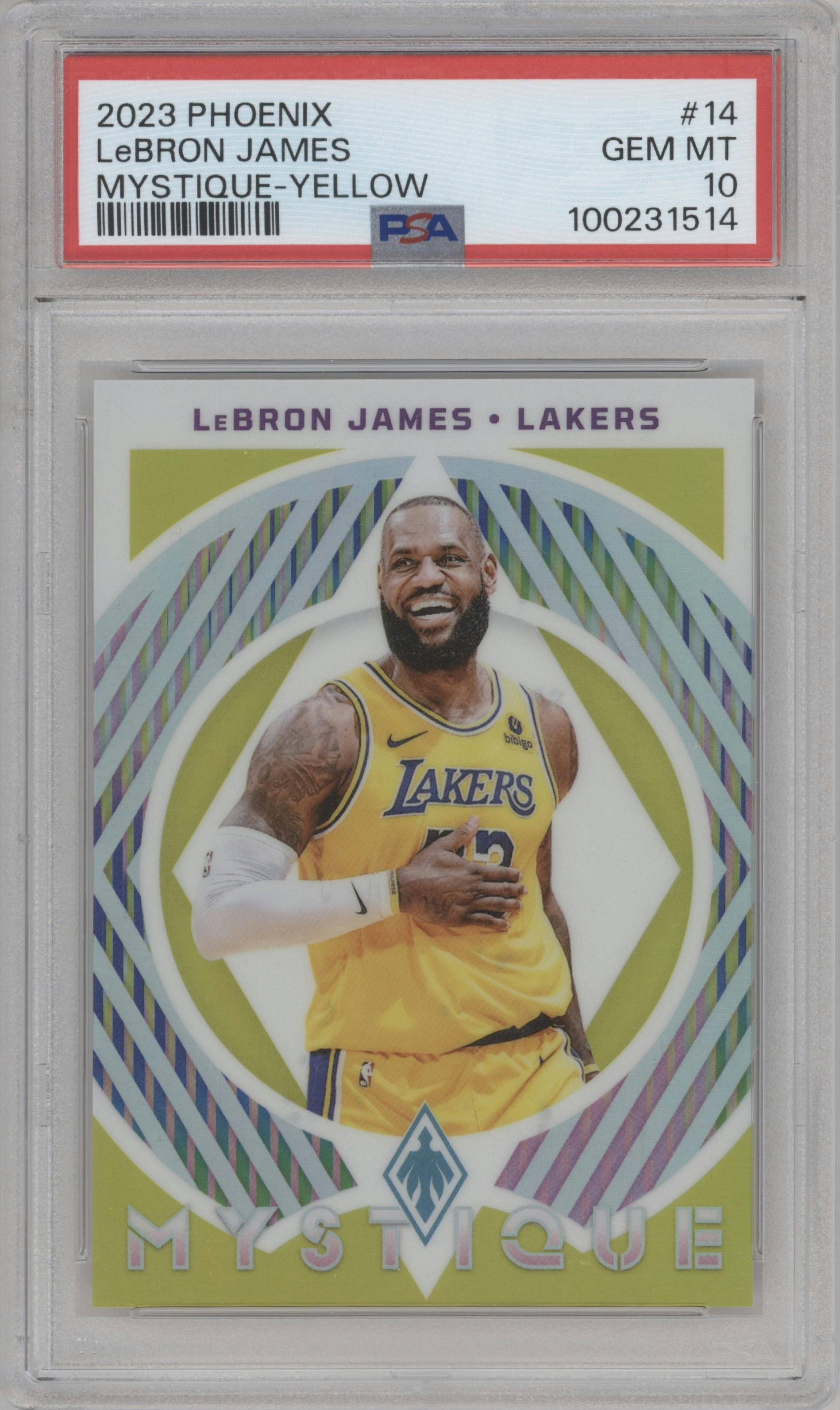 LeBron James from the 2023-24 Panini Phoenix set featuring a Yellow parallel graded by PSA and given an overall grade of 10.