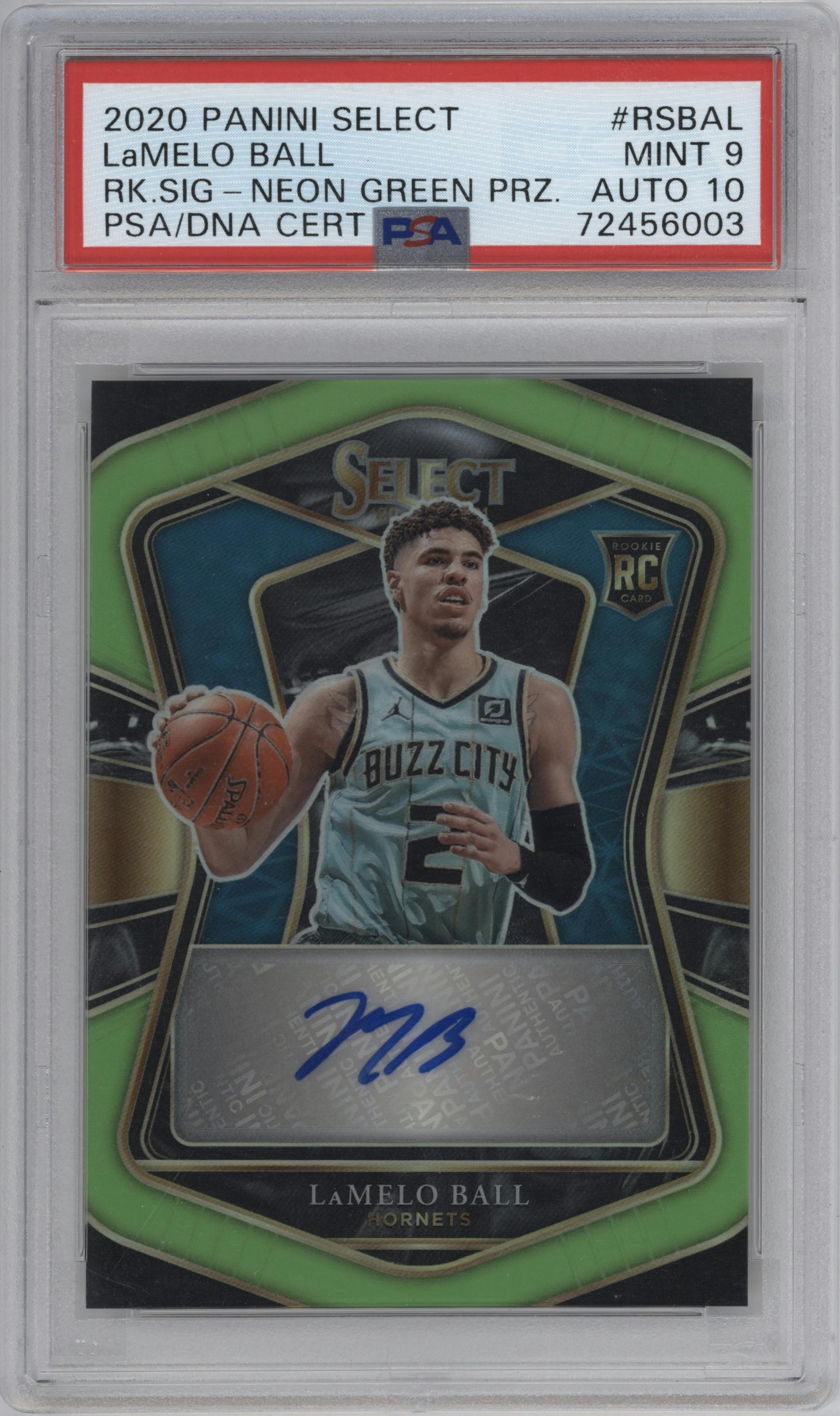 LaMelo Ball from the 2020-21 Panini Select  set featuring a Neon Green parallel graded by PSA and given an overall grade of 9.