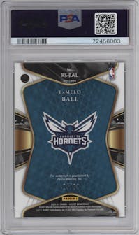 LaMelo Ball from the 2020-21 Panini Select  set featuring a Neon Green parallel graded by PSA and given an overall grade of 9.