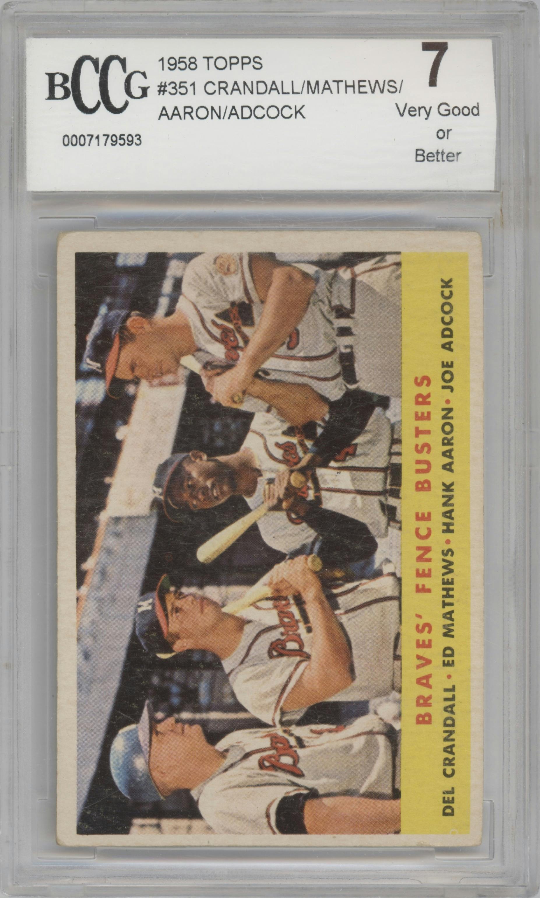 Braves' Fence Busters / Del Crandall / Eddie Mathews / Hank Aaron / Joe Adcock from the 1958 Topps set graded by Beckett and given an overall grade of 7.