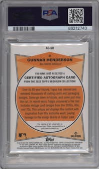 Gunnar Henderson from the 2023 Topps Brooklyn Collection set featuring a Gold parallel graded by PSA and given an overall grade of 10.