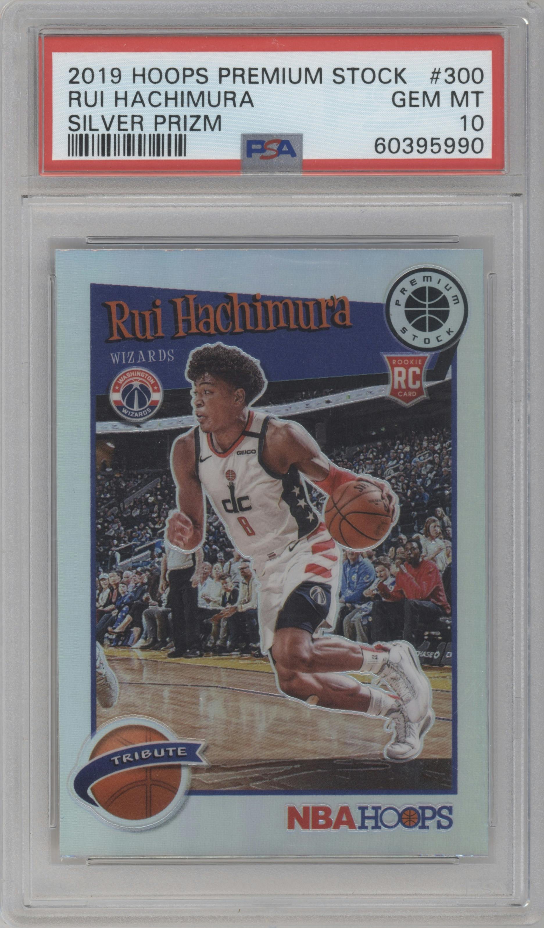 Rui Hachimura from the 2019-20 Panini Hoops Premium Stock set featuring a Silver parallel graded by PSA and given an overall grade of 10.