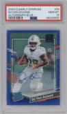 De'Von Achane from the 2023 Clearly Donruss set featuring a Blue parallel graded by PSA and given an overall grade of 10.