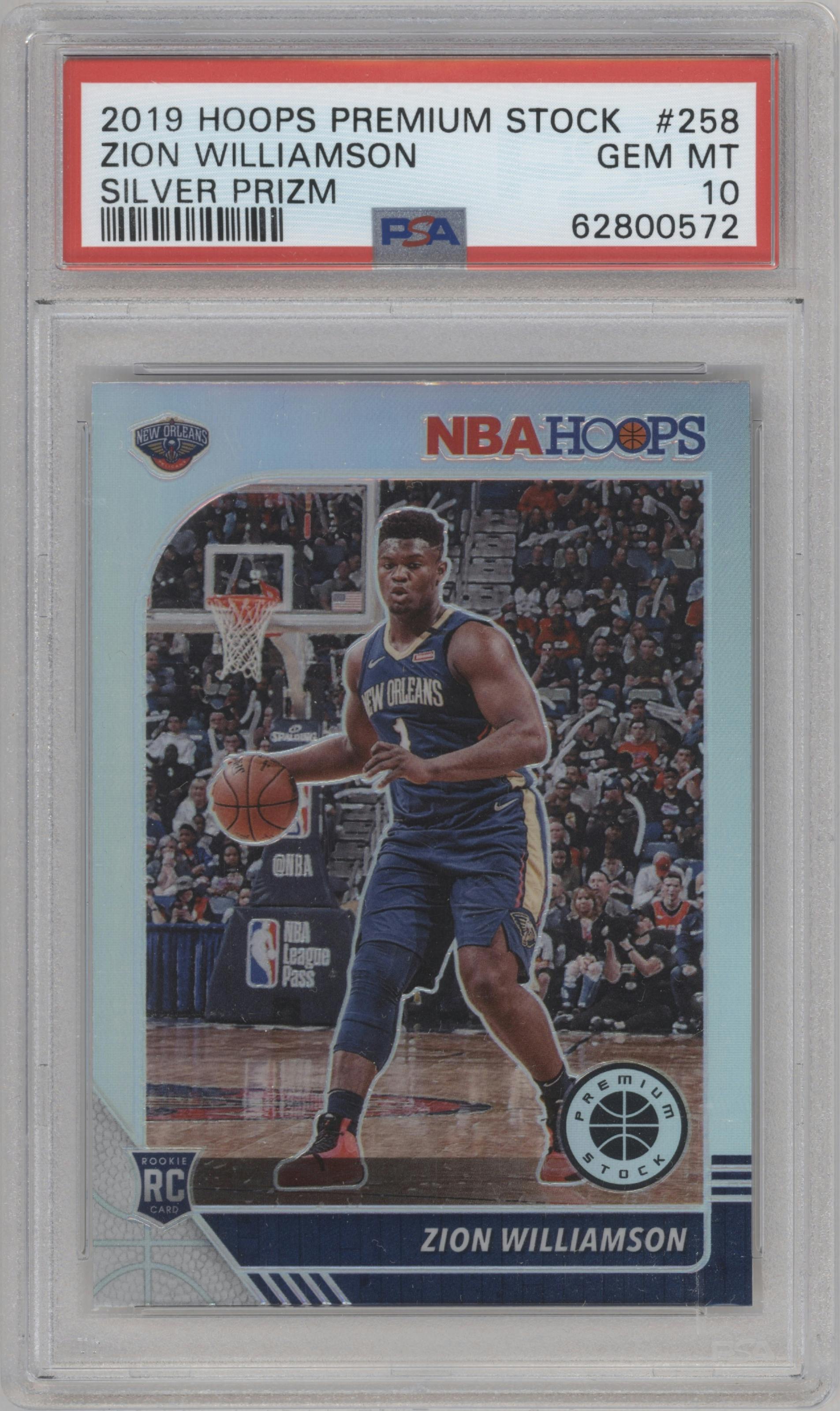 Zion Williamson from the 2019-20 Panini Hoops Premium Stock set featuring a Silver parallel graded by PSA and given an overall grade of 10.
