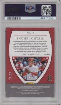 Shohei Ohtani from the 2018 Panini Chronicles set featuring a Purple Mojo parallel graded by PSA and given an overall grade of 10.