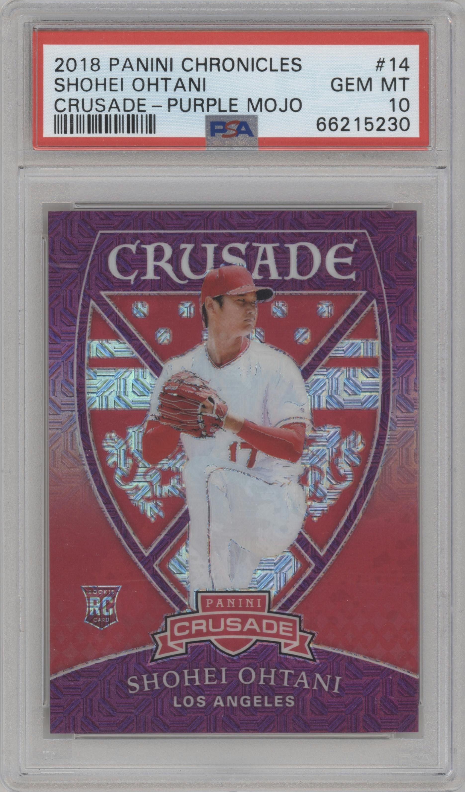 Shohei Ohtani from the 2018 Panini Chronicles set featuring a Purple Mojo parallel graded by PSA and given an overall grade of 10.