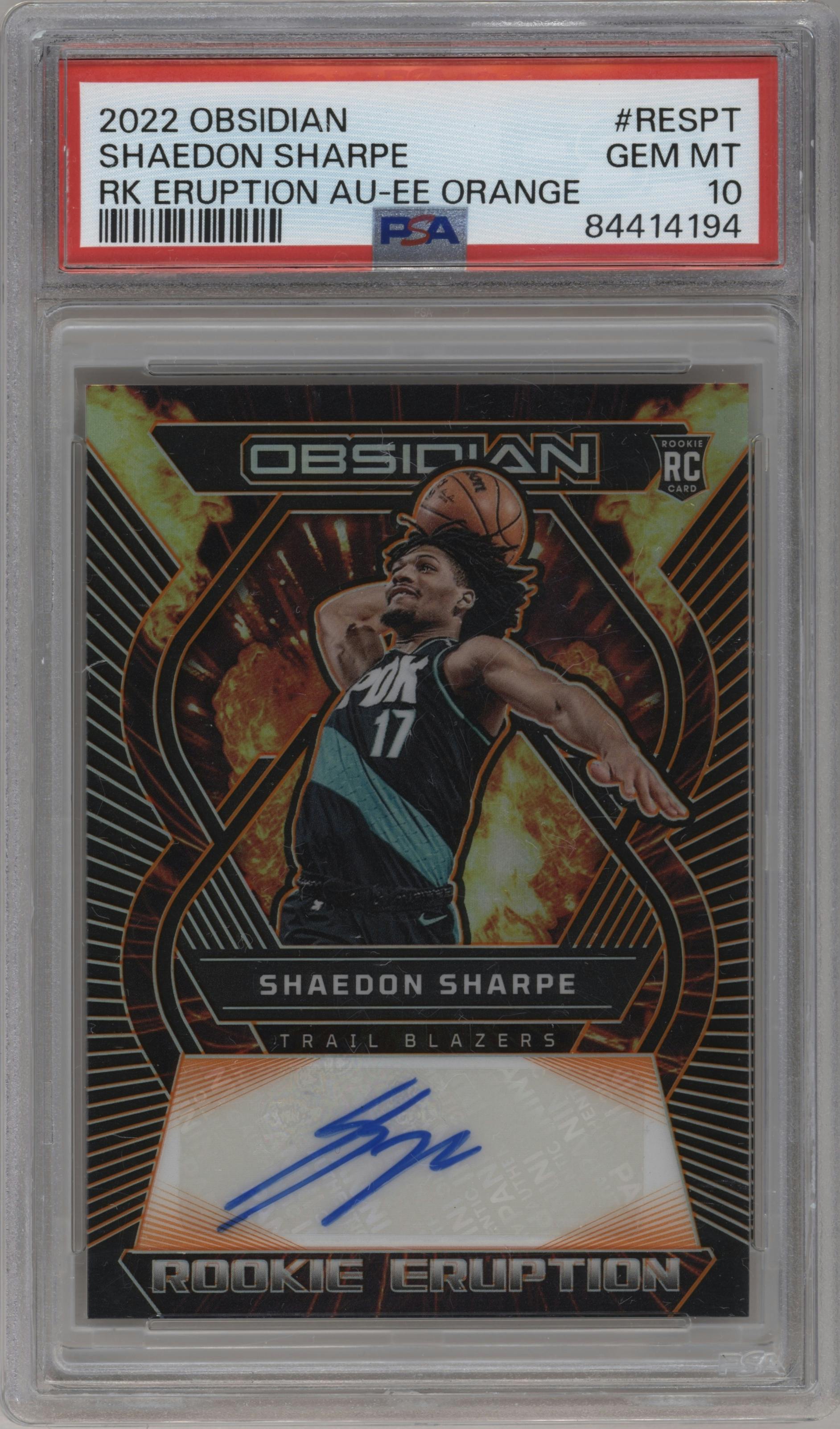 Shaedon Sharpe from the 2022-23 Panini Obsidian set featuring a Electric Etch Orange parallel graded by PSA and given an overall grade of 10.