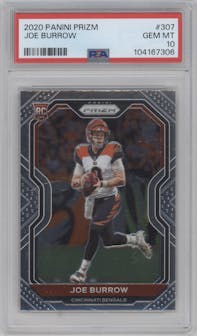 Joe Burrow from the 2020 Panini Prizm set graded by PSA and given an overall grade of 10.