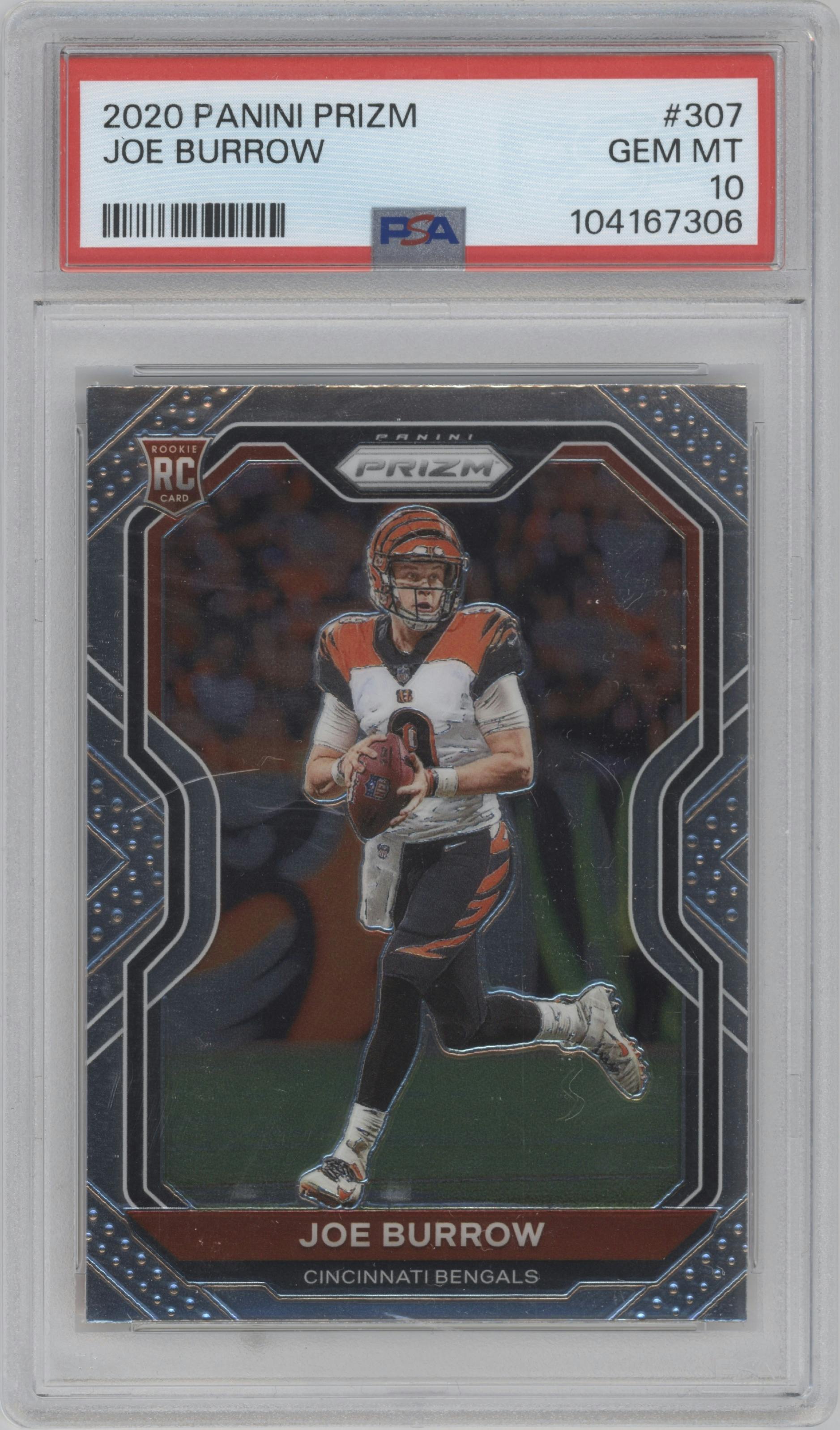 Joe Burrow from the 2020 Panini Prizm set graded by PSA and given an overall grade of 10.