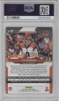 Joe Burrow from the 2020 Panini Prizm set graded by PSA and given an overall grade of 10.