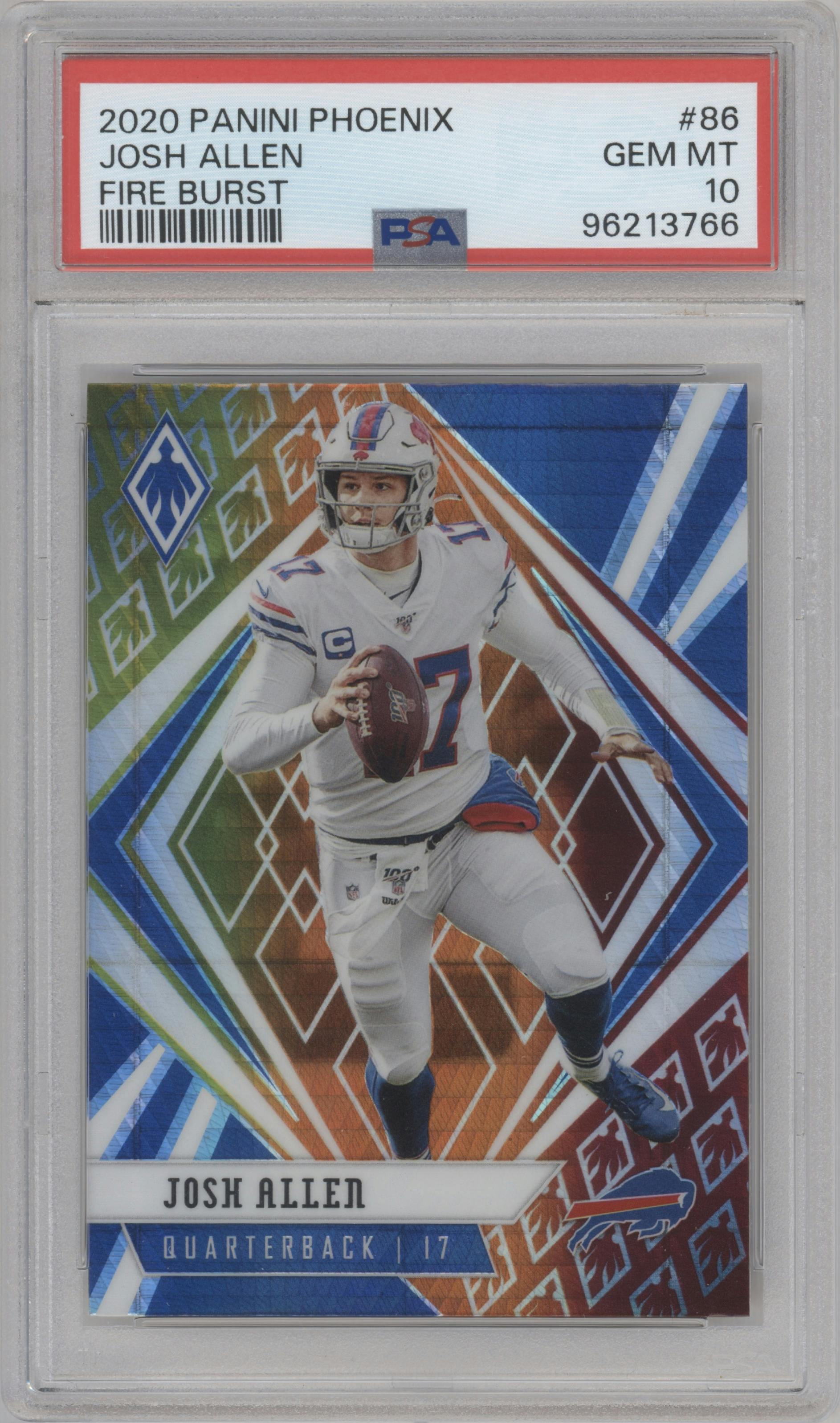 Josh Allen from the 2020 Panini Phoenix set featuring a Fire Burst parallel graded by PSA and given an overall grade of 10.