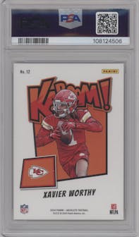Xavier Worthy from the 2024 Panini Absolute set graded by PSA and given an overall grade of 10.