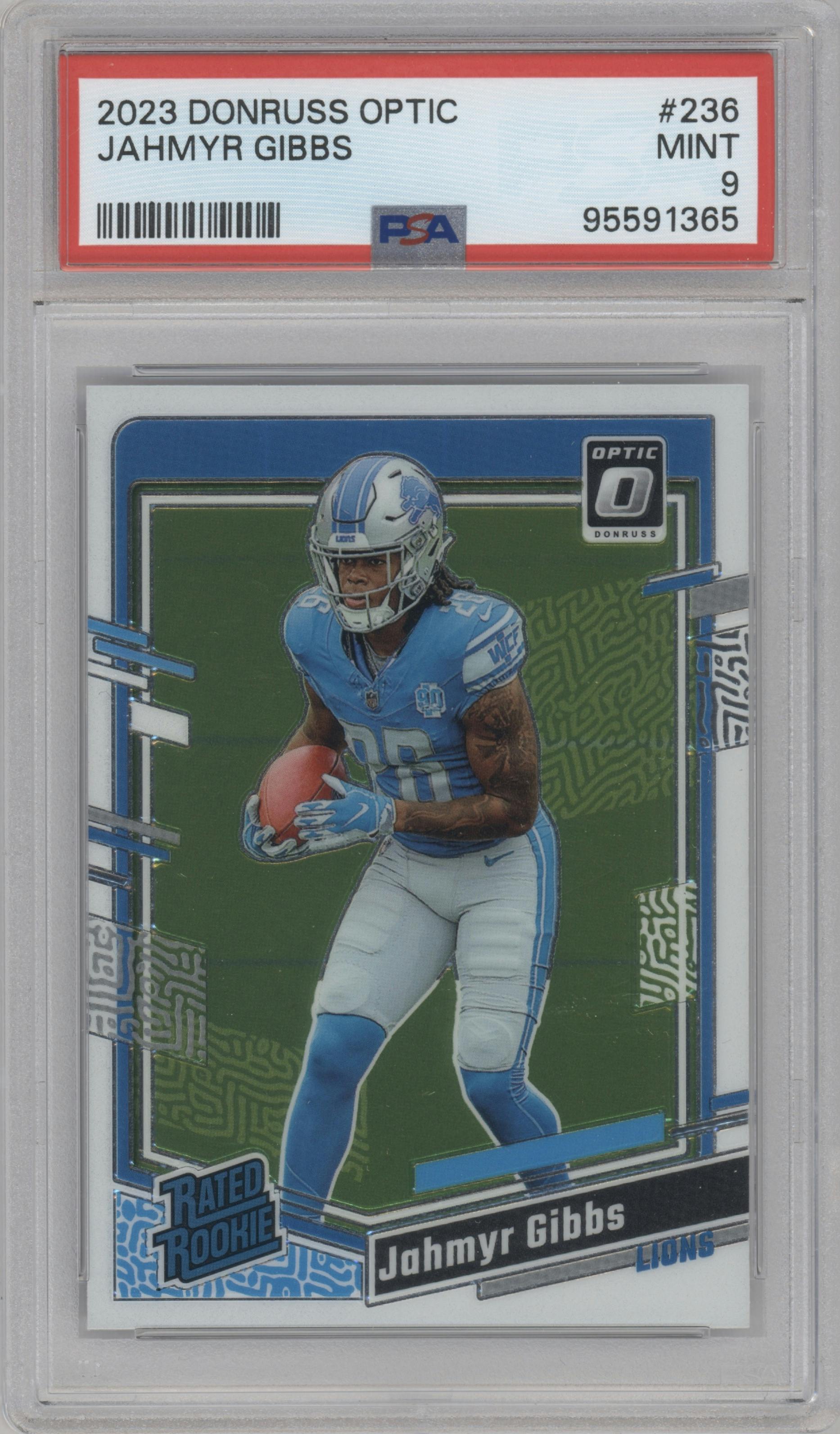 Jahmyr Gibbs from the 2023 Donruss Optic set graded by PSA and given an overall grade of 9.