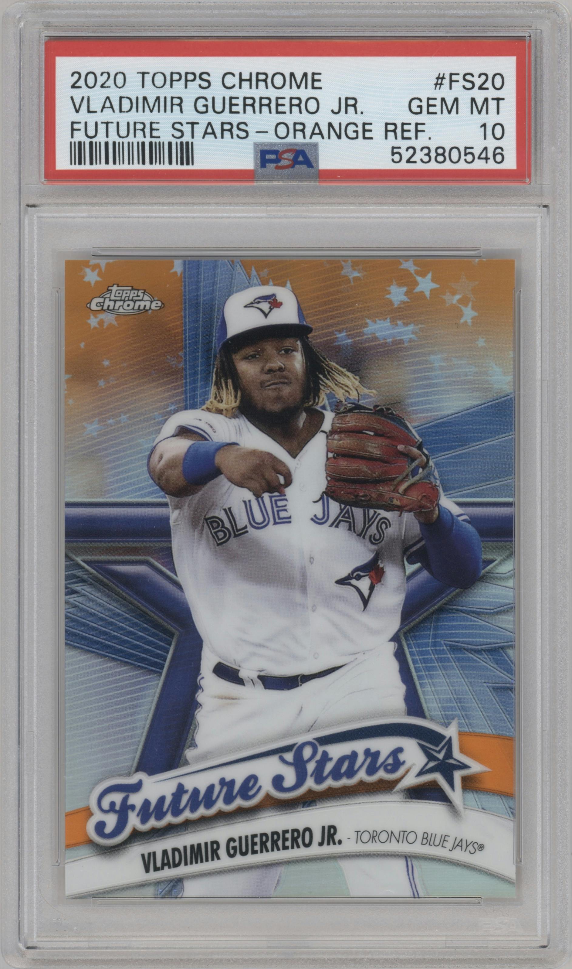Vladimir Guerrero Jr.  from the 2020 Topps Chrome set featuring a Orange Refractor parallel graded by PSA and given an overall grade of 10.