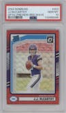 J.J. McCarthy from the 2024 Donruss set featuring a Red Wave parallel graded by PSA and given an overall grade of 10.