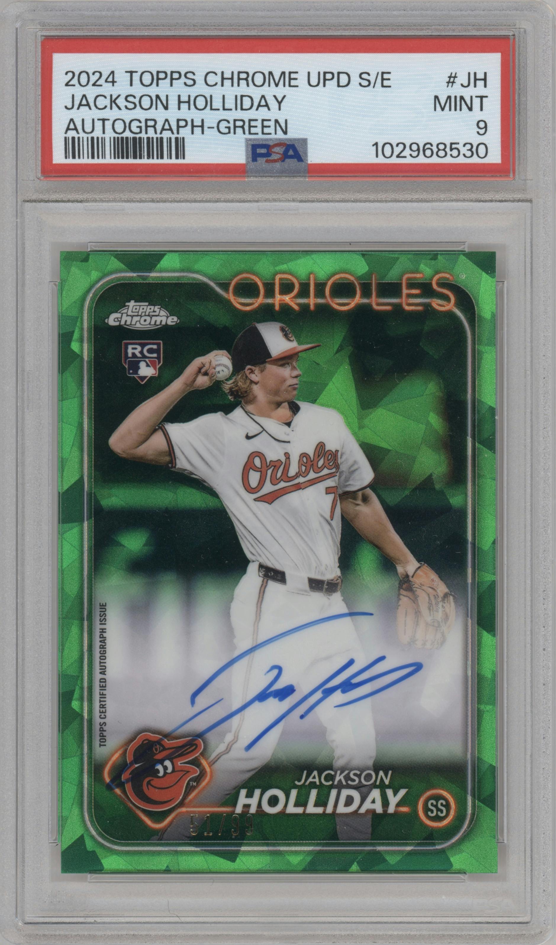 Jackson Holliday from the 2024 Topps Chrome Update Sapphire Edition set featuring a Green Sapphire Refractor parallel graded by PSA and given an overall grade of 9.