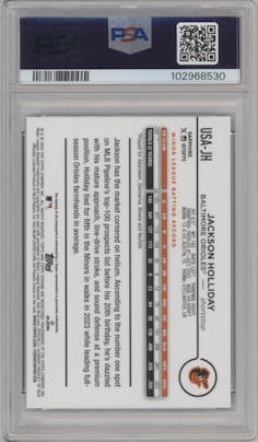 Jackson Holliday from the 2024 Topps Chrome Update Sapphire Edition set featuring a Green Sapphire Refractor parallel graded by PSA and given an overall grade of 9.