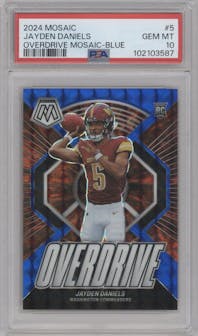 Jayden Daniels from the 2024 Panini Mosaic set featuring a Blue Mosaic parallel graded by PSA and given an overall grade of 10.