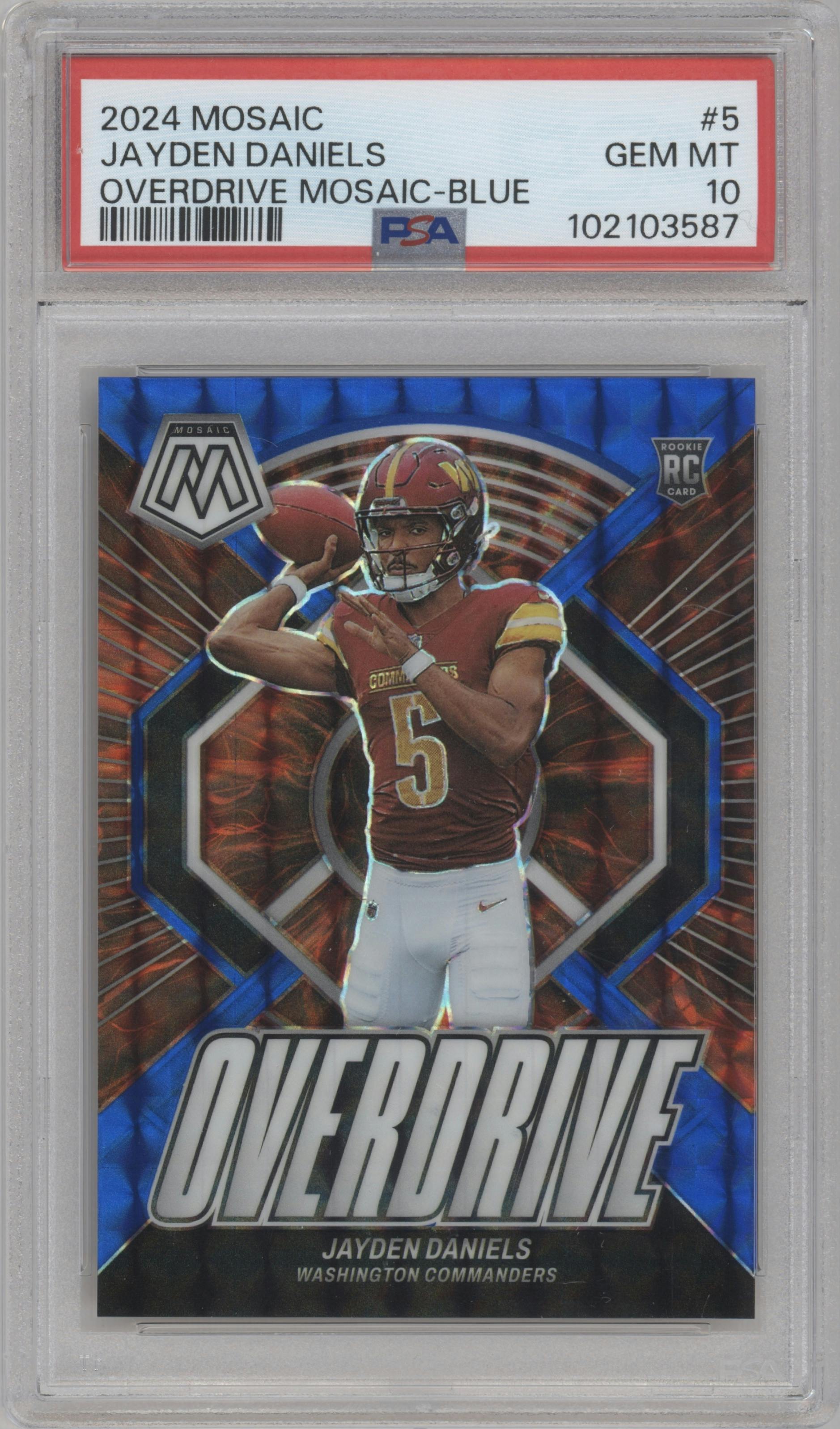 Jayden Daniels from the 2024 Panini Mosaic set featuring a Blue Mosaic parallel graded by PSA and given an overall grade of 10.