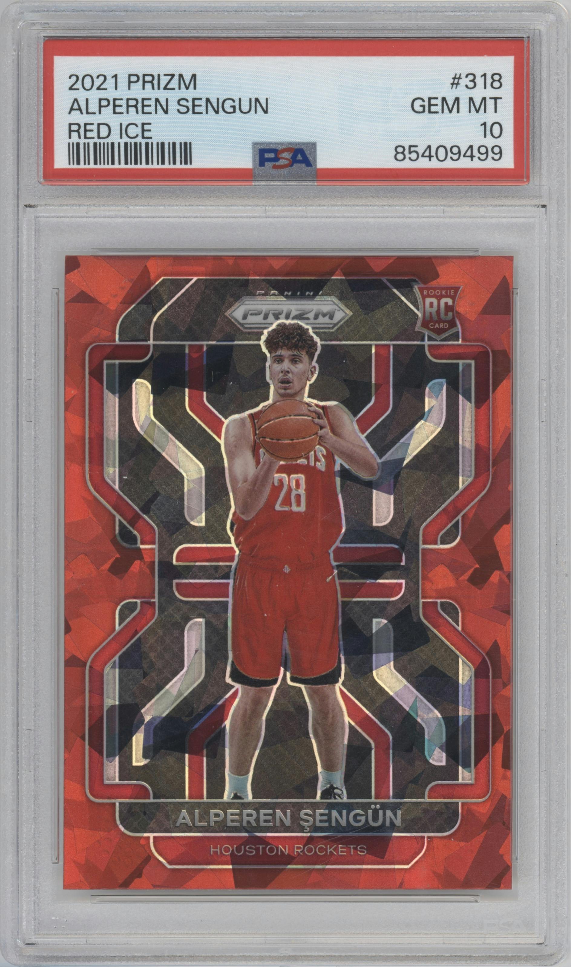 Alperen Sengun from the 2021-22 Panini Prizm  set featuring a Red Ice parallel graded by PSA and given an overall grade of 10.